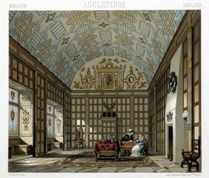 Innenraum eines herrschaftlichen Hauses in England im 17. Jahrhundert. Illustration in „Le costume historique“ von Racinet