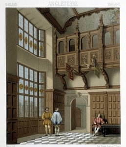 Innenraum eines herrschaftlichen Hauses in England im 18. Jahrhundert. Illustration in „Le costume historique“ von Racinet