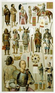 Japanische Kriegerkostüme (Samoura oder Yakuza). Chromolithographische Tafel - in „Le costume historique“ von Racinet von Albert Charles August Racinet