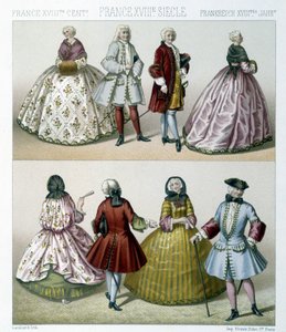 Männer und Frauen in modischen Kostümen des 18. Jahrhunderts in Frankreich. Illustration in „Le costume historique“ von Racinet von Albert Charles August Racinet