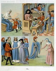Mittelalter: Mutter und Kinder, ein Gerichtshof, eine Hochzeit - in „Le costume historique“ von Racinet von Albert Charles August Racinet