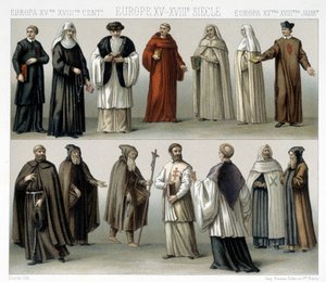 Mönchskostüme in Europa vom 15. bis zum 18. Jahrhundert. Illustration in „Le costume historique“ von Racinet
