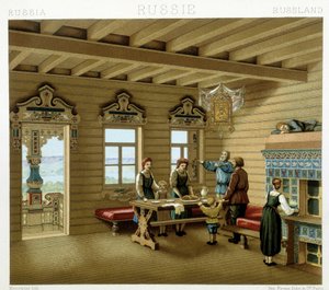 Russische Familie in einer typischen Residenz in Russland im 19. Jahrhundert. Chromolithographische Platte - in „Le costume historique“ von Racinet von Albert Charles August Racinet