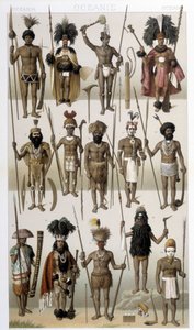 Traditionelle Kostüme der indigenen Völker Ozeaniens. Illustration in „Le costume historique“ von Racinet von Albert Charles August Racinet