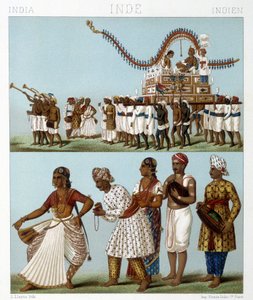 Transport, Musik, Tanz und traditionelle Kostüme Indiens. Illustration in „Le costume historique“ von Racinet