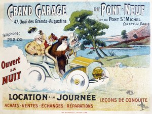 Grand Garage du Pont-Neuf: Vermietung, Fahrstunden, Kauf, Verkauf, Reparaturen - Werbeplakat von Albert Guillaume, ca. 1900 von Albert Guillaume