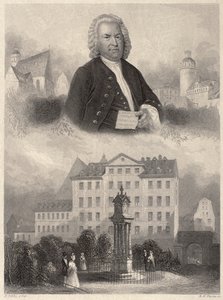Porträt von Johann Sebastian Bach, Bachs Denkmal und die Thomaskirche und -schule in Leipzig, ca. 1860