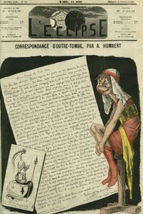 Korrespondenz aus dem Grab, Telemach, Sohn des Odysseus, schreibt an den Präsidenten der Republik. Zeichnung, die eine zensierte Karikatur von Gill ersetzt. Titelbild in 