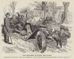 Karikatur, die einen Mann verspottet, der sein Auto über die Geschwindigkeitsbegrenzung hinaus fährt (Lithografie) von Albert Levering