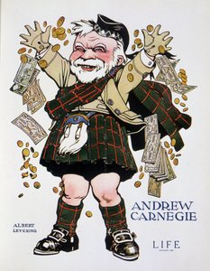 Karikaturporträt von Andrew Carnegie im karierten Anzug und Geld werfend - von Albert Levering (1869-1929), in „Life“ vom 13/04/1905 von Albert Levering