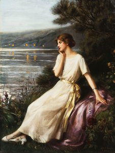 Porträt einer Frau an einem See von Albert Lynch