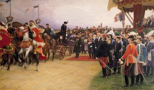 Präsident Emile Loubet (1838-1929) begrüßt Zar Nikolaus II. (1868-1917) und Zarin Alexandra (1872-1918) im Lager von Betheny, 21. September 1901, r. 1905 von Albert Pierre Dawant