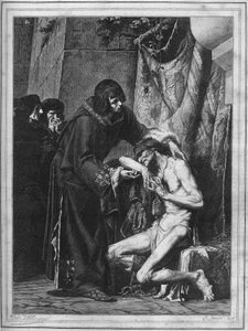Ludwig IX. tröstet einen Aussätzigen: der König von Frankreich, Saint Louis, und eine kranke Person während eines Lepraausbruchs. Gravur von 1878 nach dem Gemälde von Albert Maignan.