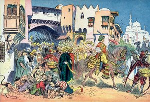 Aladdin reitet durch die Straßen der Stadt und wirft Geld um sich, Illustration von Albert Robida für das Märchen „Aladin und die Wunderlampe“ in „Tausendundeine Nacht“ von Albert Robida