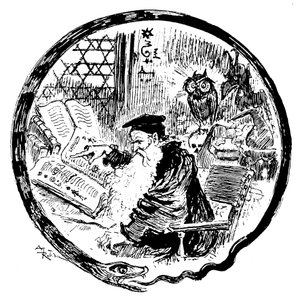 Alchemist, der seine Grimoire (magische - kabbalistische Formeln) unter den Augen einer Eule und eines Dämons konsultiert - der Rahmen des Bildes wird von einer Schlange geformt, die sich in den Schwanz beißt - Lettrine, die den Buchstaben O bildet - Illus