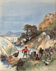 Barbareskenpiraten terrorisieren die Mittelmeerküste und entführen die Einwohner, um sie als Sklaven zu verkaufen, Illustration aus 