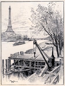 Beginn der Bauarbeiten zur architektonischen Rekonstruktion des mittelalterlichen Alt-Paris am Ufer der Seine für die Weltausstellung 1900 von Albert Robida