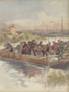 Bourbon flieht und wird von Soldaten an einer Fähre fast erkannt von Albert Robida