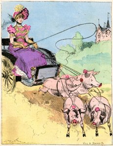 Zeichnung von Albert Robida (1848-1926) auf dem Titelblatt der Comique World Nr. 296 (frühes 20. Jahrhundert) - Neue sehr elegante Kutsche für kleine Ausflüge auf dem Land - Junge Frau fährt eine Schweinekutsche