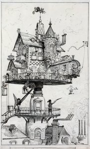 Zeichnung zeigt eine Wohnstruktur, die über den Dächern erhöht ist und so gestaltet ist, dass sie sich in verschiedene Richtungen drehen und anpassen kann, Zeichnung von Albert Robida um 1883 von Albert Robida