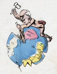 Ferdinand de Lesseps (1805-1894), französischer Diplomat und Administrator, Bildhauer und Dekorateur der Kontinente. Karikatur von Robida