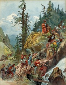 Fünfter Italienischer Krieg (1515-1516): der Übergang über die Alpen im August 1515 durch den Larche-Pass der Armee von Franz I. auf dem Weg nach Italien (Illustration) von Albert Robida