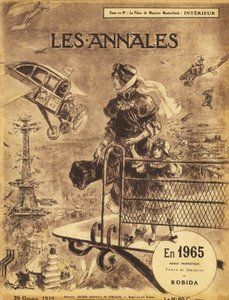 Erste Veröffentlichung des prophetischen Zukunftsromans „En 1965“ von Albert Robida (1848-1926) im Jahr 1919 in der Zeitschrift „Annales Politiques et Littéraires“ - Paris leidet unter Verkehrsstaus... im Himmel! Selbstfliegende und Taxi-Flugzeuge von Albert Robida