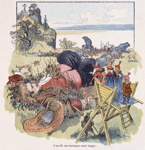 Gulliver von den Lilliputanern gefesselt - in „Gullivers Reisen“ von Swift, ill. von Robida von Albert Robida