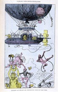 Zwischenfall beim Aufbruch der Expedition zum Nordpol (Aerostat und verrückte Szenen), Parodie von Jules Verne, „Sehr außergewöhnliche Reisen von Saturnin Farandoul in 5 oder 6 Teile der Welt und in alle bekannten oder unbekannten Länder von Herrn Jules Ve von Albert Robida