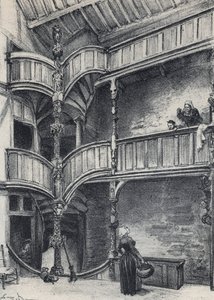 Innenansicht eines Hauses in Morlaix - Altes Frankreich - Bretagne - Text, Zeichnungen und Lithographien von Albert Robida (1848-1926) undatiert Ende 19. Jahrhundert von Albert Robida