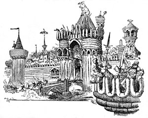 La Cite des Angouiles. Die Stadtmauern bestehen aus Stücken von Aufschnitt (Wurst, Pudding), ein riesiges Schwein sitzt auf dem Dach eines Turms des Eingangstors. Illustration von Albert Robida (1848-1926) für eine Episode des Vierten Buches von Francois R von Albert Robida