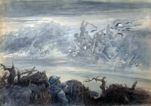 Der Kampf der Schatten: Poilus in einem Graben, die einen Angriff von geisterhaften Soldaten vorstellen von Albert Robida