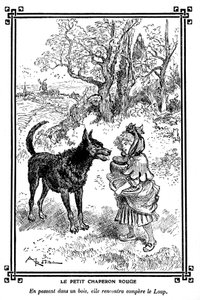 Rotkäppchen, mit seinem Kuchen und Buttertopf, trifft den Wolf. Zeichnung von Albert Robida (1848-1926) in einem Kinderlesebuch 1920-1930