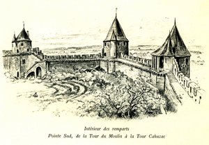 Mittelalterliche Stadt Carcassonne (Aude, Languedoc, Pays Cathare) - Inneres der Stadtmauern, Südspitze, vom Turm du Moulin bis zum Turm Cahuzac - Standort des Freilichttheaters - romantische Gravur von Albert Robida (1848-1926) in einem Buch, das zu Begin von Albert Robida
