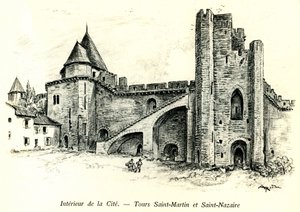 Mittelalterliche Stadt Carcassonne (Aude, Languedoc, Pays Cathare) - Türme Saint Martin und Saint Nazaire mit Häusern, die an die Stadtmauern gebaut sind - romantische Gravur von Albert Robida (1848-1926) in einem Buch, das zu Beginn des 20. Jahrhunderts v
