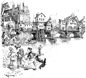 Paris: die Seine, Brücke mit Häusern, Bewohner, Pariser, Szenen des Pariser Lebens im Mittelalter - Architektur - städtischer Lebensraum - Fluss - Illustration von Albert Robida (1848-1926)