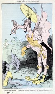 Saturnische Typen aus einer berichteten Skizze des Planeten Saturn (pseudo-anthropologische groteske Monster), Parodie von Jules Verne, „Sehr außergewöhnliche Reisen von Saturnin Farandoul in 5 oder 6 Teilen der Welt und in allen bekannten oder unbekannten von Albert Robida