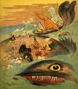 Sindbad der Seefahrer - Märchen aus Tausendundeiner Nacht - Buch von 1948 erzählt seine Abenteuer (Fortin-Ausgabe, Sammlung Wunderbare Kindheitsbilder) - Illustration von Albert Robida: Sindbad und seine Gefährten sind gescheitert von Albert Robida