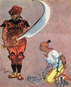 Der Sultan befiehlt, Aladins Kopf abzuschlagen Illustration von Albert Robida für das Märchen „Aladin und die Wunderlampe“ in „Tausendundeine Nacht“