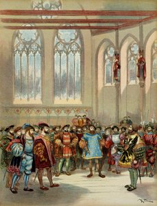 Der burgundische Herold, gesandt von Karl V. (1500-1558), wurde von François I. (1494-1547) in der großen Halle des Parlaments in Paris empfangen, erste Hälfte des 16. Jahrhunderts. Illustration von Albert Robida