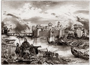 Die Wikinger, normannische Piraten unter dem Kommando ihres Anführers Siegfried, belagern Paris (Gravur) von Albert Robida
