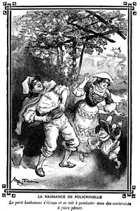 Die Geburt von Polichinelle. Zeichnung von Albert Robida (1848-1926) in einem Kinderlesebuch 1920-1930 von Albert Robida