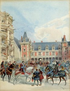 Der Hof von Franz I. (1494-1547) im königlichen Schloss von Blois, vor 1524. Illustration