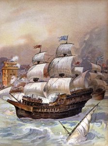 Die Flotte von Jean Ango blockiert den Tejo und bedroht Lissabon, um 1909 (Illustration)