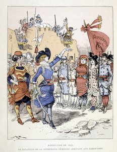Die Revolution von 1953: das Bataillon der weiblichen Vorherrschaft erreicht die Barrikaden - in „Das 20. Jahrhundert“ von Robida