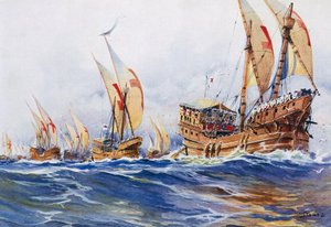 Französische Schiffe von König Ludwig IX. während des achten Kreuzzugs im Jahr 1268, Aquarell von Albert Sebille (1874-1953)