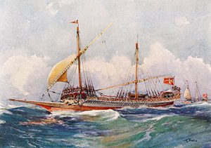 Galeere von Malta mit Wind in den Segeln (17. Jahrhundert), Aquarell von Albert Sebille (1874-1953)
