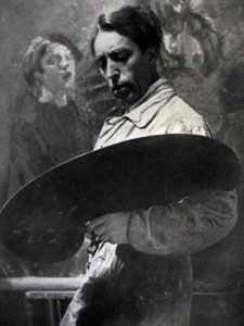 Porträt des Malers Tullio Silvestri bei der Arbeit in seinem Atelier. Der Künstler posiert und betrachtet seine Palette, die er hält, was die Intensität des kreativen Moments andeutet von Alberto Segre