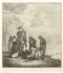 Fischverkäuferin mit Kunden am Strand