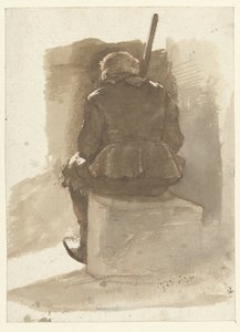 Sitzender Mann mit Stock, von hinten gesehen von Albertus Brondgeest